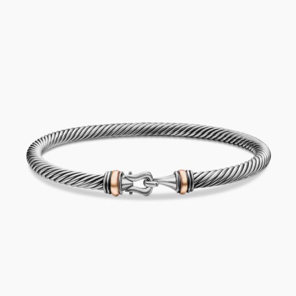 on-model styling shot|David Yurman Buckle Classic Cable Bracelet in Sterling Silver with 18K Rose Gold