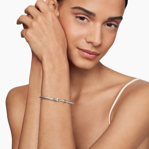 4mm – pavé setting and gemstone detail close-up|David Yurman Buckle Classic Cable Bracelet in Sterling Silver with 18K Rose Gold