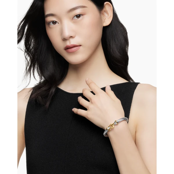 David Yurman Buckle Classic Cable Bracelet in Sterling Silver with 18K Yellow Gold and Rhodolite Garnets, 7mm, view 2