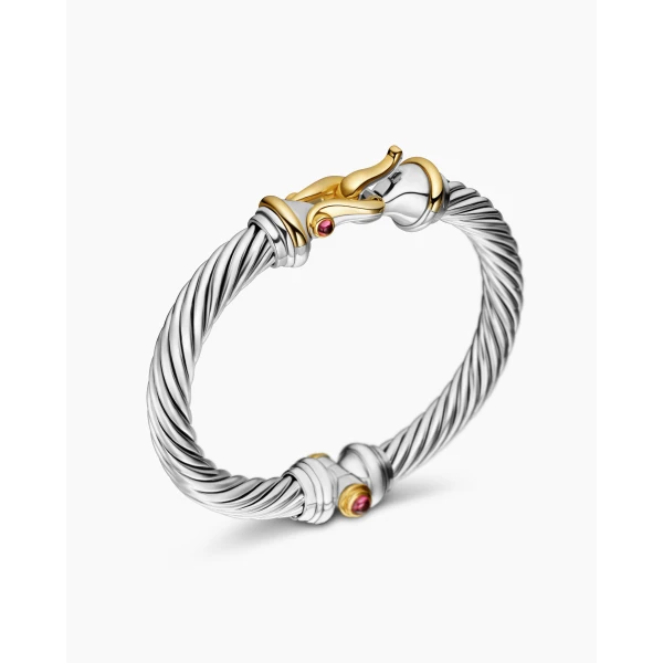 David Yurman Buckle Classic Cable Bracelet in Sterling Silver with 18K Yellow Gold and Rhodolite Garnets, 7mm, view 3