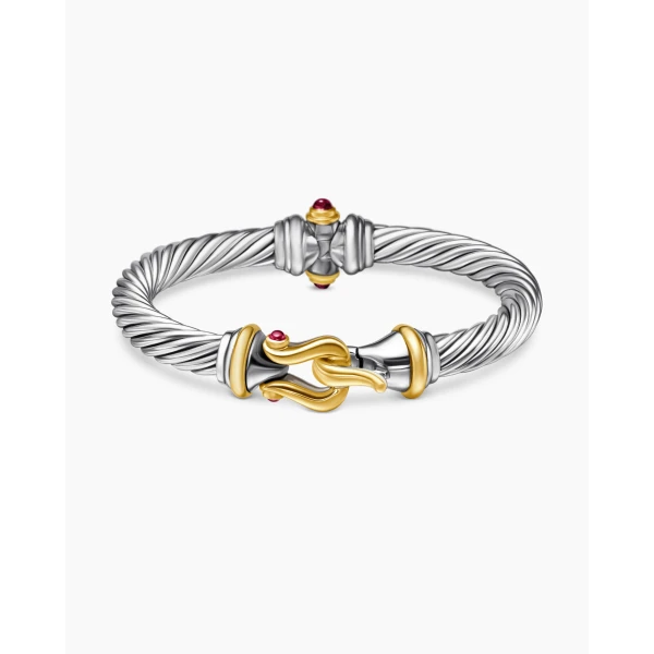 David Yurman Buckle Classic Cable Bracelet in Sterling Silver with 18K Yellow Gold and Rhodolite Garnets, 7mm, view 4