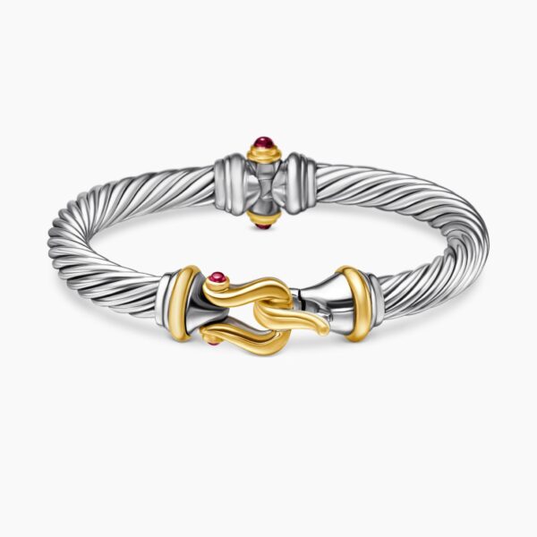 on-model styling shot|David Yurman Buckle Classic Cable Bracelet in Sterling Silver with 18K Yellow Gold and Rhodolite Garnets