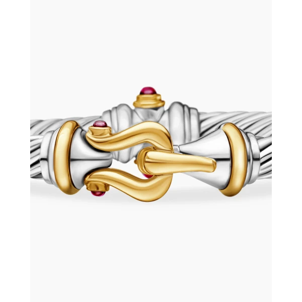 David Yurman Buckle Classic Cable Bracelet in Sterling Silver with 18K Yellow Gold and Rhodolite Garnets, 7mm, view 6