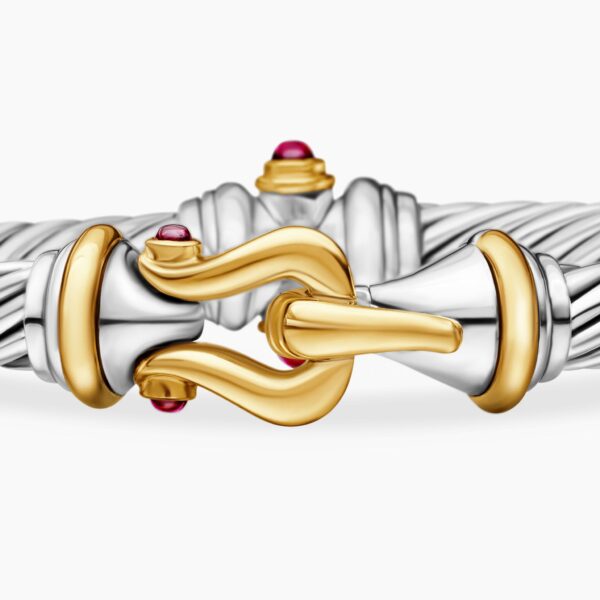 signature twisted-helix detail|David Yurman Buckle Classic Cable Bracelet in Sterling Silver with 18K Yellow Gold and Rhodolite Garnets