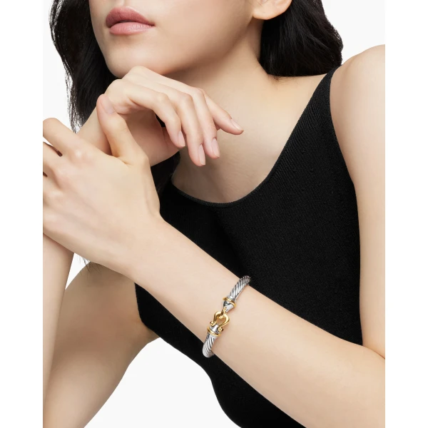 David Yurman Buckle Classic Cable Bracelet in Sterling Silver with 18K Yellow Gold and Rhodolite Garnets, 7mm, view 7