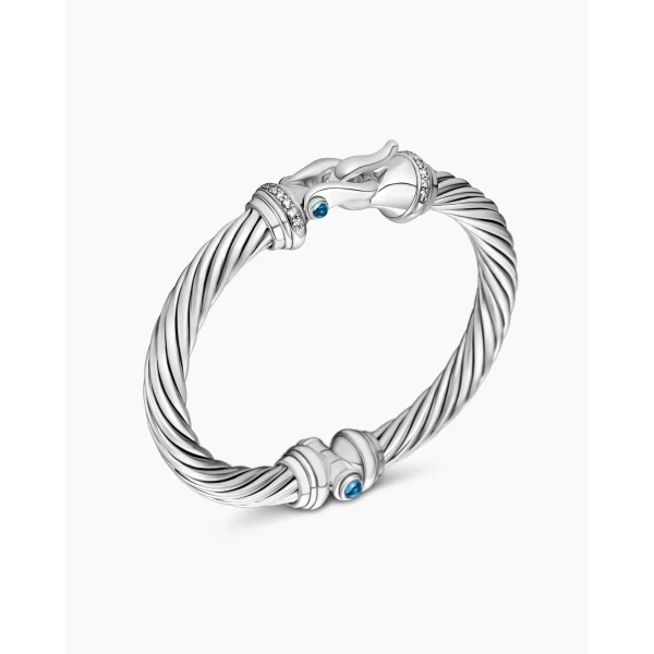 David Yurman Buckle Classic Cable Bracelet in Sterling Silver with Hampton Blue Topaz and Diamonds, 7mm, view 3