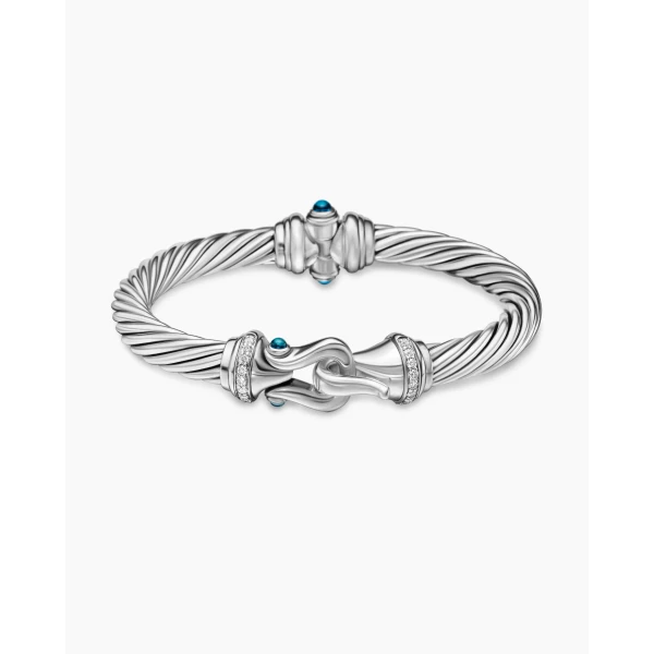 David Yurman Buckle Classic Cable Bracelet in Sterling Silver with Hampton Blue Topaz and Diamonds, 7mm, view 4