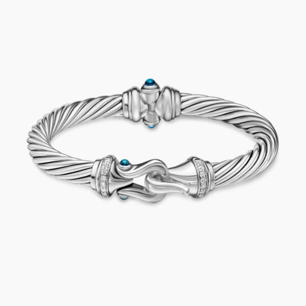 on-model styling shot|David Yurman Buckle Classic Cable Bracelet in Sterling Silver with Hampton Blue Topaz and Diamonds