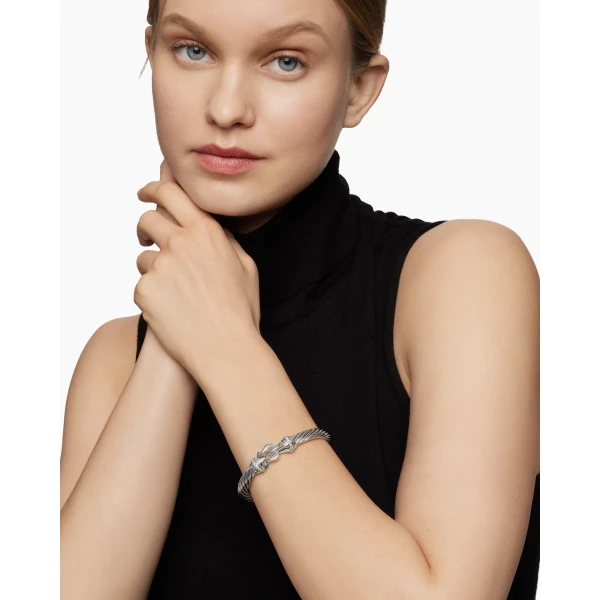 David Yurman Buckle Classic Cable Bracelet in Sterling Silver with Hampton Blue Topaz and Diamonds, 7mm, view 7