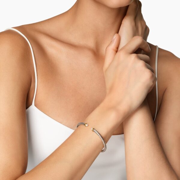 4mm in White – front view of authentic Cable Bracelets at Coveti|David Yurman Cable Flex® Bracelet in Sterling Silver with 14K Yellow Gold and Pearls