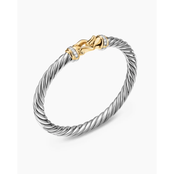 David Yurman Cable Flex® Buckle Bracelet in Sterling Silver with 14K Yellow Gold and Diamonds, 6mm, view 2