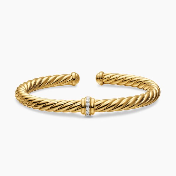 on-model styling shot|David Yurman Cablespira® Flex Center Station Bracelet in 18K Yellow Gold with Diamonds