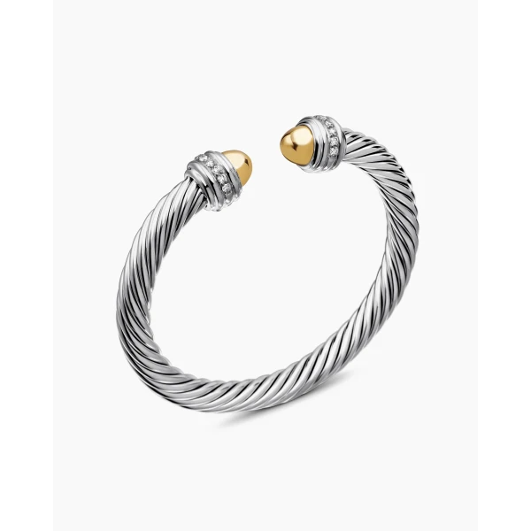 David Yurman Classic Cable Bracelet in Sterling Silver with 14K Yellow Gold Domes and Diamonds, 7mm, view 3