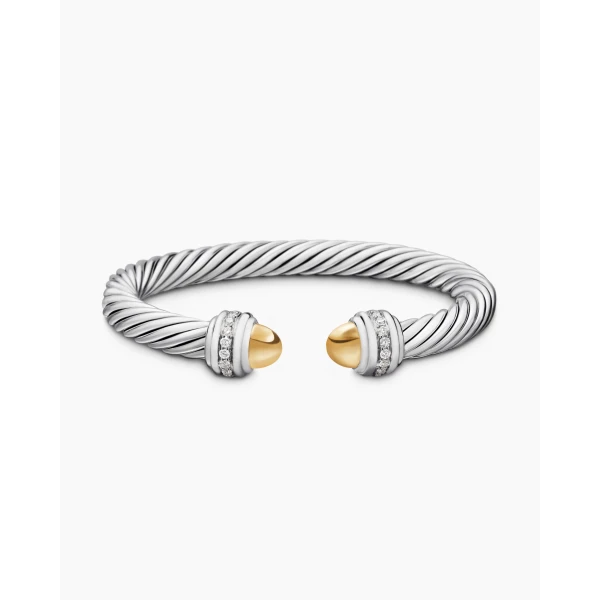 David Yurman Classic Cable Bracelet in Sterling Silver with 14K Yellow Gold Domes and Diamonds, 7mm, view 4