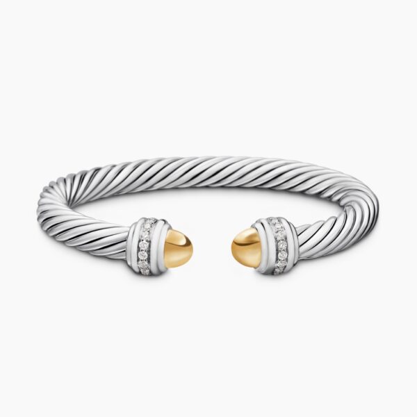 on-model styling shot|David Yurman Classic Cable Bracelet in Sterling Silver with 14K Yellow Gold Domes and Diamonds