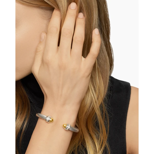 David Yurman Classic Cable Bracelet in Sterling Silver with 14K Yellow Gold Domes and Diamonds, 7mm, view 7