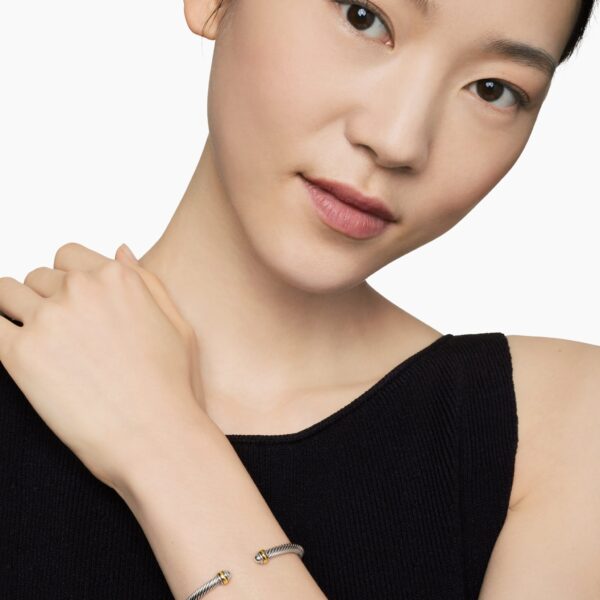 4mm – pavé setting and gemstone detail close-up|David Yurman Classic Cable Bracelet in Sterling Silver with 18K Yellow Gold