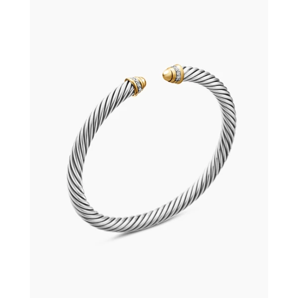David Yurman Classic Cable Bracelet in Sterling Silver with 18K Yellow Gold, Gold Domes and Diamonds, 5mm, view 3