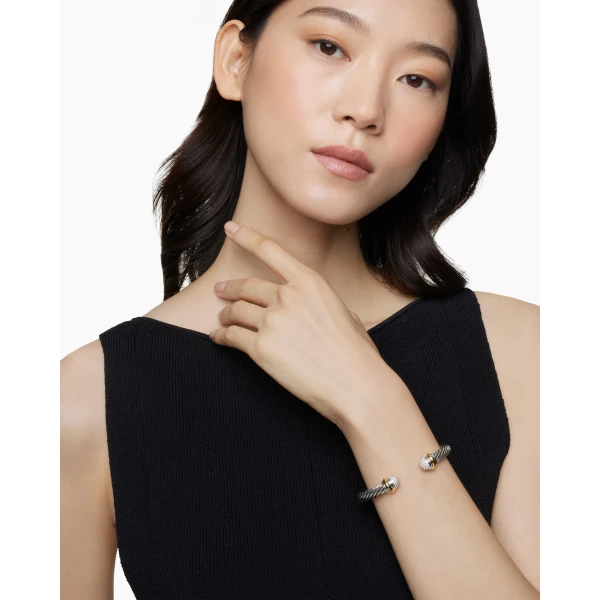 David Yurman Classic Cable Bracelet in Sterling Silver with 18K Yellow Gold and Pavé Diamond Domes, 7mm, view 2