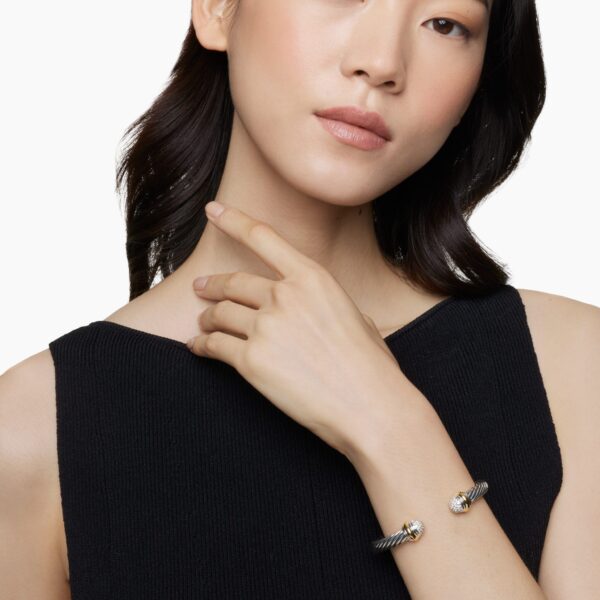 7mm in Gold – front view of authentic Cable Bracelets at Coveti|David Yurman Classic Cable Bracelet in Sterling Silver with 18K Yellow Gold and Pavé Diamond Domes