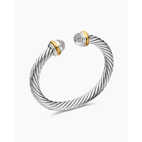 David Yurman Classic Cable Bracelet in Sterling Silver with 18K Yellow Gold and Pavé Diamond Domes, 7mm, view 3