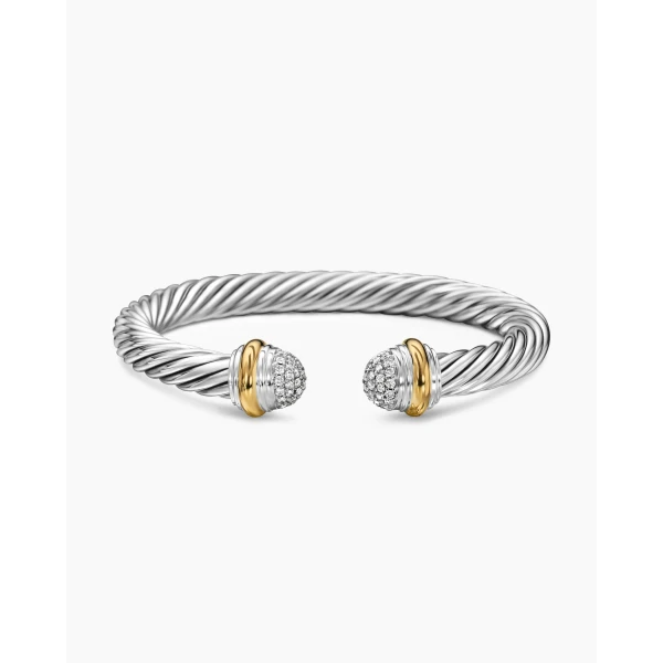David Yurman Classic Cable Bracelet in Sterling Silver with 18K Yellow Gold and Pavé Diamond Domes, 7mm, view 4