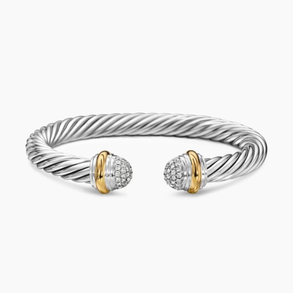 on-model styling shot|David Yurman Classic Cable Bracelet in Sterling Silver with 18K Yellow Gold and Pavé Diamond Domes