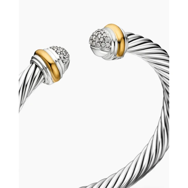 David Yurman Classic Cable Bracelet in Sterling Silver with 18K Yellow Gold and Pavé Diamond Domes, 7mm, view 5