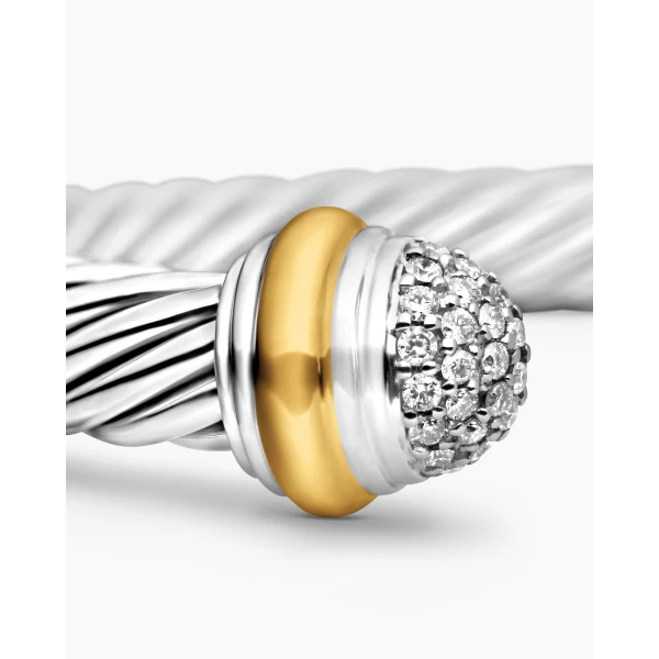 David Yurman Classic Cable Bracelet in Sterling Silver with 18K Yellow Gold and Pavé Diamond Domes, 7mm, view 6
