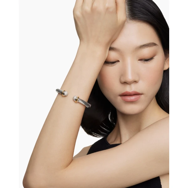 David Yurman Classic Cable Bracelet in Sterling Silver with 18K Yellow Gold and Pavé Diamond Domes, 7mm, view 7