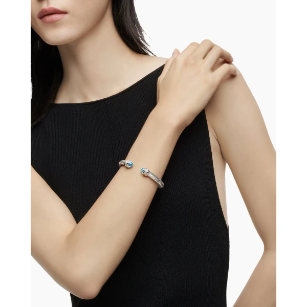 David Yurman Classic Cable Bracelet in Sterling Silver with Blue Topaz and Diamonds, 7mm, view 2