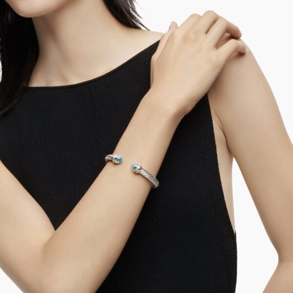 7mm in Blue – front view of authentic Cable Bracelets at Coveti|David Yurman Classic Cable Bracelet in Sterling Silver with Blue Topaz and Diamonds