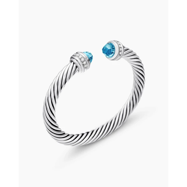 David Yurman Classic Cable Bracelet in Sterling Silver with Blue Topaz and Diamonds, 7mm, view 3