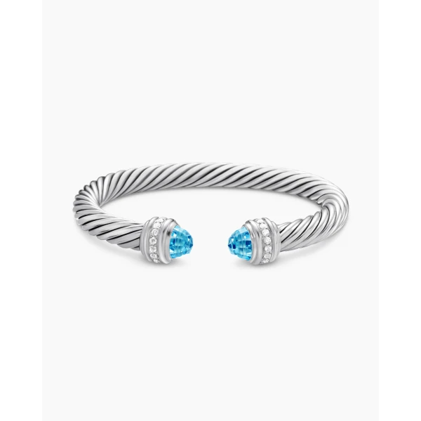 David Yurman Classic Cable Bracelet in Sterling Silver with Blue Topaz and Diamonds, 7mm, view 4