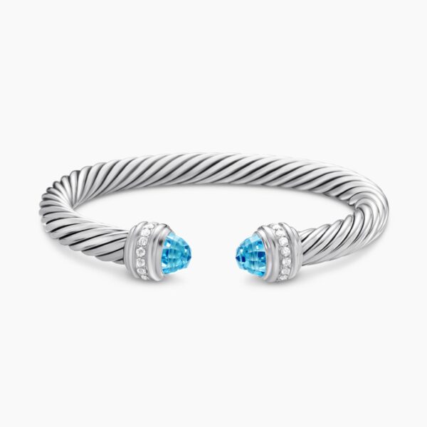 on-model styling shot|David Yurman Classic Cable Bracelet in Sterling Silver with Blue Topaz and Diamonds