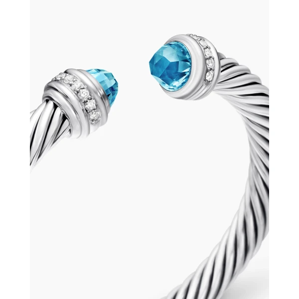 David Yurman Classic Cable Bracelet in Sterling Silver with Blue Topaz and Diamonds, 7mm, view 5