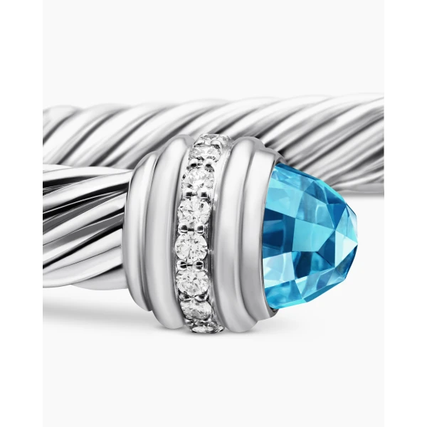 David Yurman Classic Cable Bracelet in Sterling Silver with Blue Topaz and Diamonds, 7mm, view 6