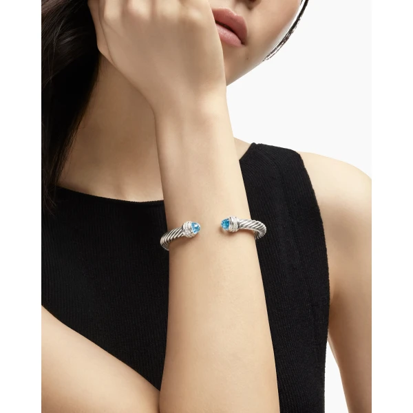 David Yurman Classic Cable Bracelet in Sterling Silver with Blue Topaz and Diamonds, 7mm, view 7