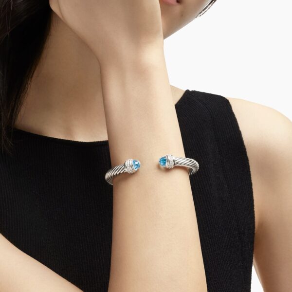 7mm – pavé setting and gemstone detail close-up|David Yurman Classic Cable Bracelet in Sterling Silver with Blue Topaz and Diamonds