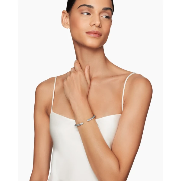David Yurman Classic Cable Bracelet in Sterling Silver with Pavé Diamond Domes, 5mm, view 2
