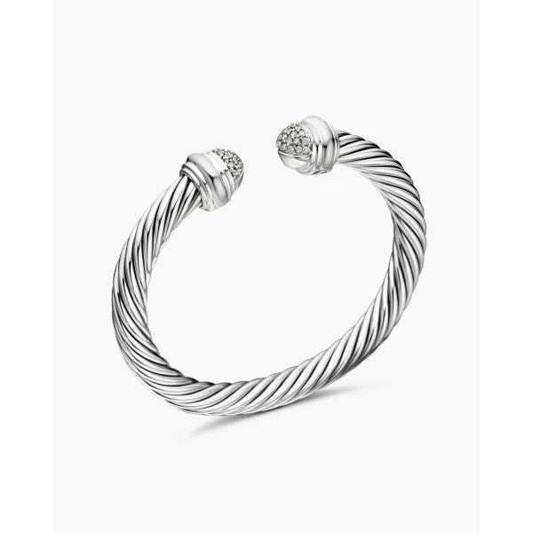 David Yurman Classic Cable Bracelet in Sterling Silver with Pavé Diamond Domes, 7mm, view 3