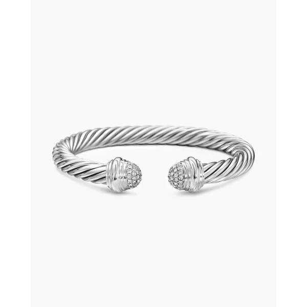 David Yurman Classic Cable Bracelet in Sterling Silver with Pavé Diamond Domes, 7mm, view 4