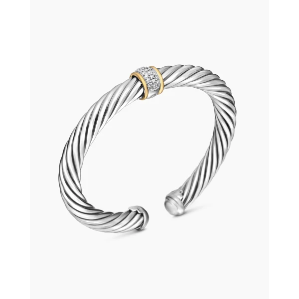 David Yurman Classic Cable Station Bracelet in Sterling Silver with 18K Yellow Gold and Pavé Diamonds, 7mm, view 3