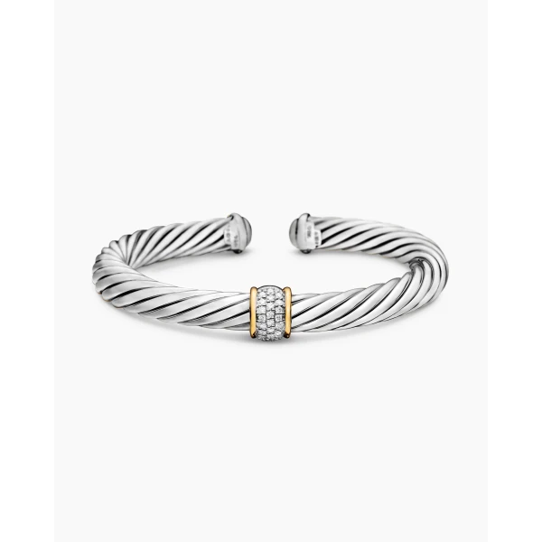 David Yurman Classic Cable Station Bracelet in Sterling Silver with 18K Yellow Gold and Pavé Diamonds, 7mm, view 4
