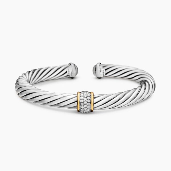 on-model styling shot|David Yurman Classic Cable Station Bracelet in Sterling Silver with 18K Yellow Gold and Pavé Diamonds