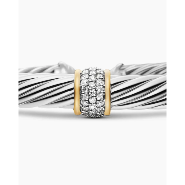 David Yurman Classic Cable Station Bracelet in Sterling Silver with 18K Yellow Gold and Pavé Diamonds, 7mm, view 6
