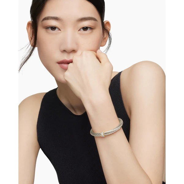 David Yurman Classic Cable Station Bracelet in Sterling Silver with 18K Yellow Gold and Pavé Diamonds, 7mm, view 7