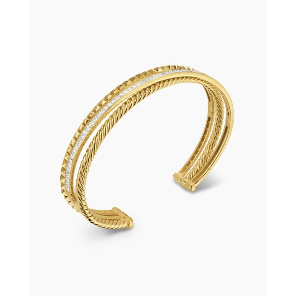 David Yurman Crossover Trio Three Row Cuff Bracelet in 18K Yellow Gold with Diamonds, 11mm, view 3