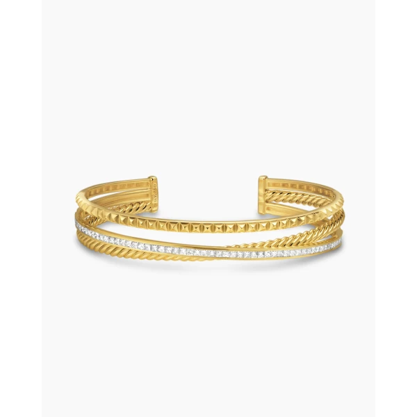David Yurman Crossover Trio Three Row Cuff Bracelet in 18K Yellow Gold with Diamonds, 11mm, view 4