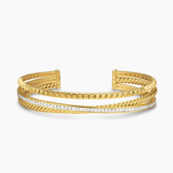 on-model styling shot|David Yurman Crossover Trio Three Row Cuff Bracelet in 18K Yellow Gold with Diamonds